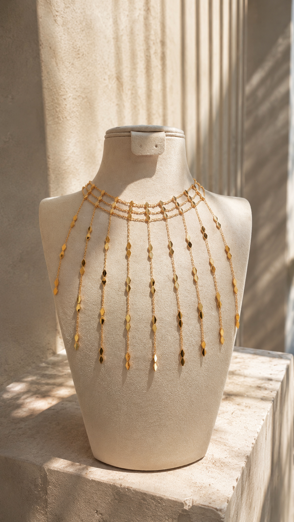 A gold-toned chain necklace with multiple draped fringe strands and small dangling disc charms, displayed on a cream-colored mannequin bust in warm natural light.