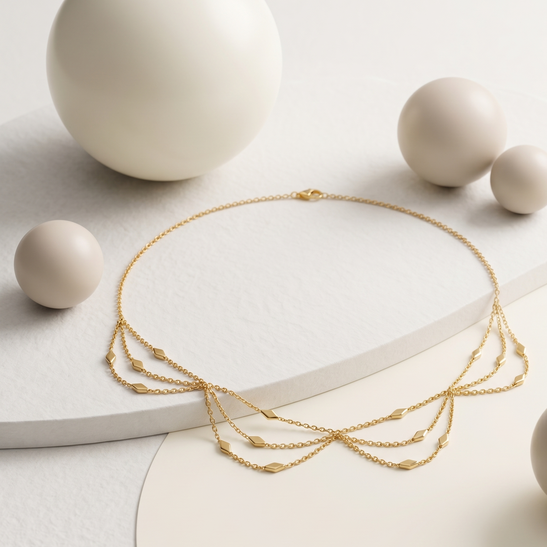 A delicate gold multi-layer necklace with small bead details, displayed on a white curved platform with decorative beige spheres.