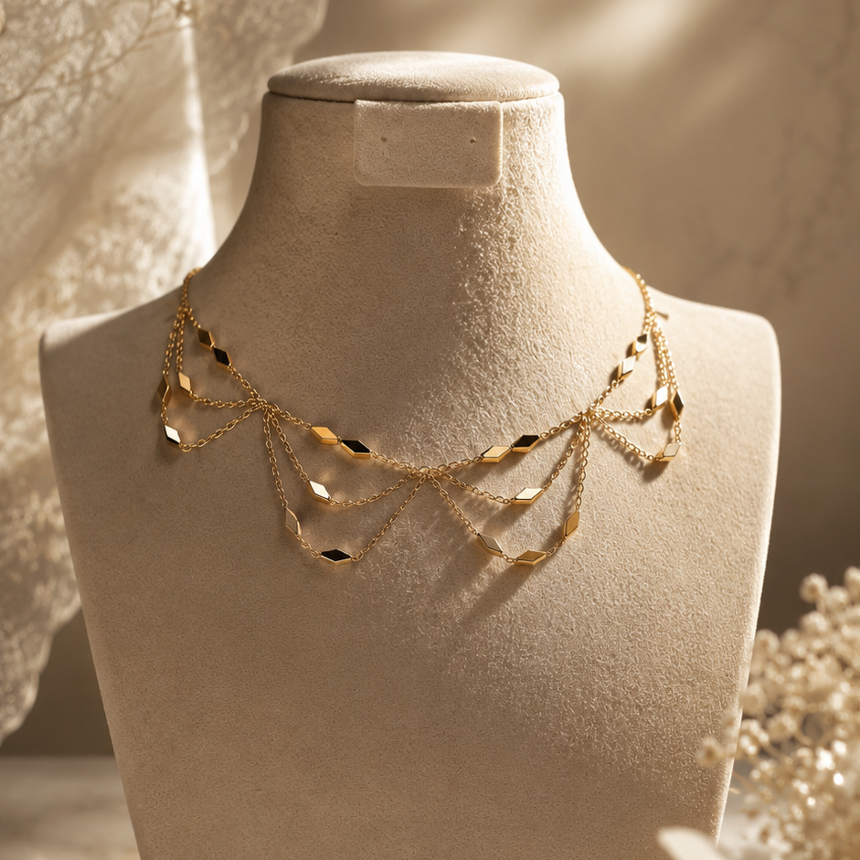 A delicate gold leaf necklace displayed on a cream-colored jewelry bust, set against a warm, softly lit background with lace and dried floral elements.