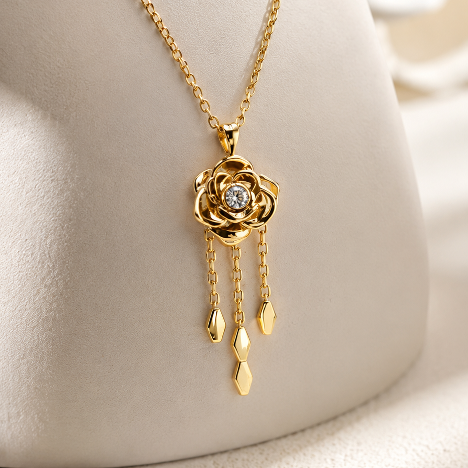 A gold-tone necklace with a flower-shaped pendant and dangling teardrop charms, displayed on a cream-colored jewelry bust.