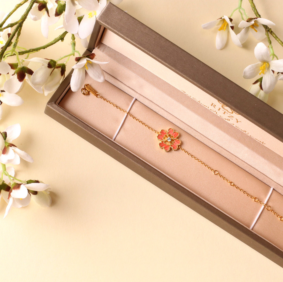 The Love Flower rhodochrosite bracelet, 18K gold plated