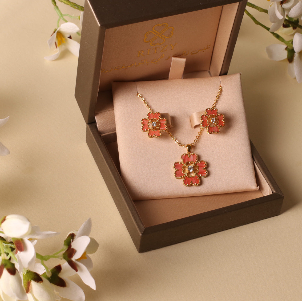 The Love Flower rhodochrosite necklace and earrings set, 18K gold plated