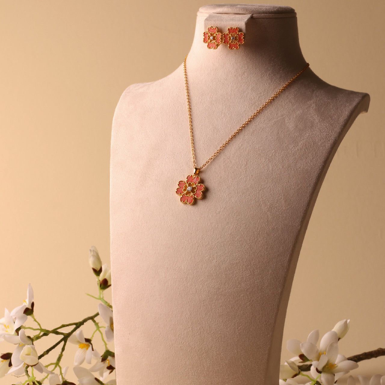 The Love Flower rhodochrosite necklace and earrings set, 18K gold plated — view 2