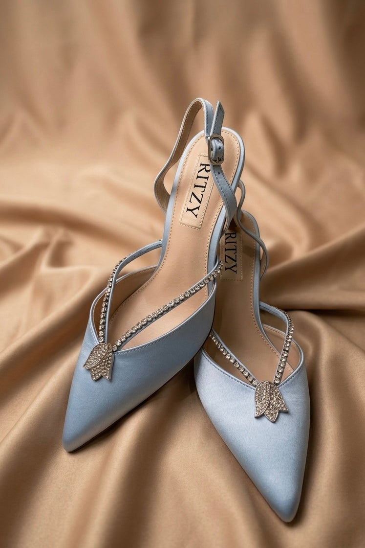 Tulip heels in blue with signature tulip detail by Ritzy