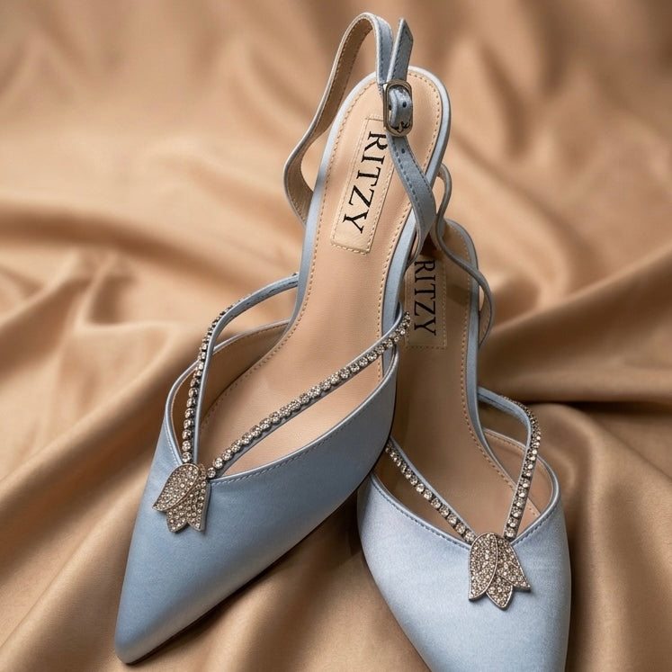 Tulip heels in blue with signature tulip detail by Ritzy