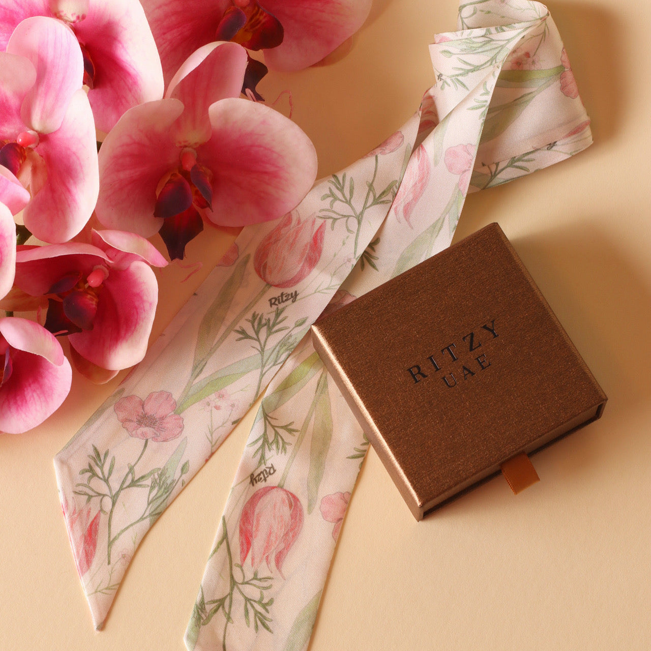 Ritzy Tulip silk twilly scarf with hand-drawn print