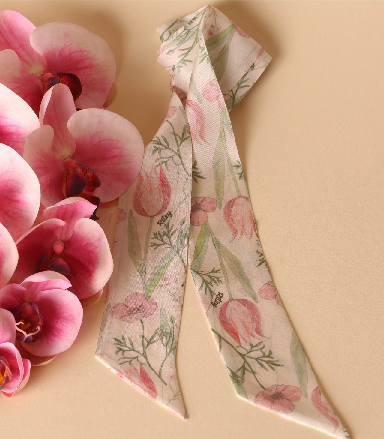 Ritzy Tulip silk twilly scarf with hand-drawn print — view 2