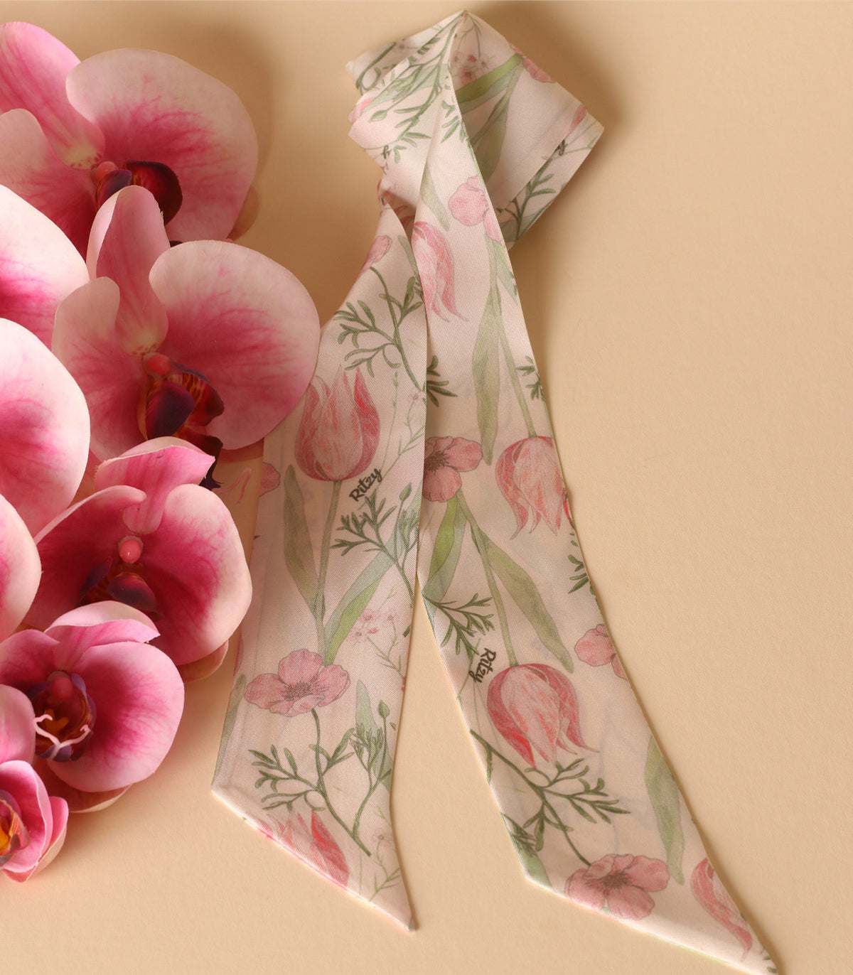 Ritzy Tulip silk twilly scarf with hand-drawn print — view 2